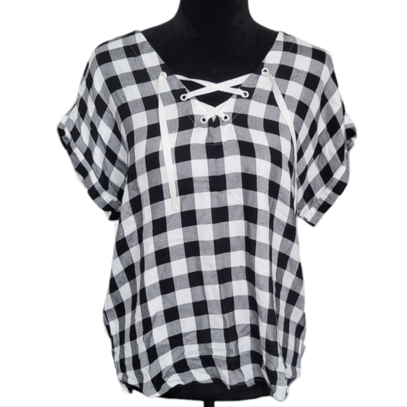 Eddie Bauer Tops - NWT Eddie Bauer White Buffalo Check Lace-Up Top Size Medium